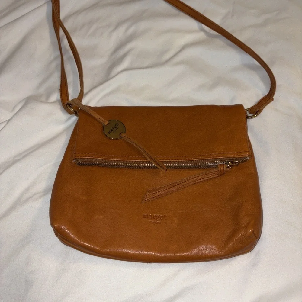 $150 Margot New York ROBBIE Foldover Crossbody flap Bag Cognac Hobo 10